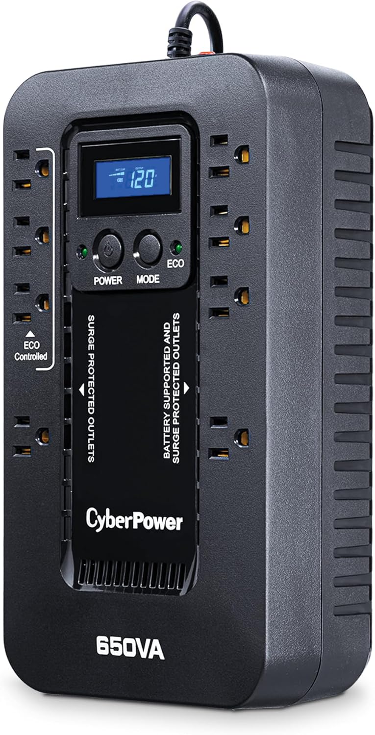 CyberPower نظام UPS لحماية البطارية الاحتياطية والجهد الكهربائي EC650LCD Ecologic، 650VA/390W، 8 مآخذ، وضع ECO، مزود طاقة غير منقطع مدمج - Image 1